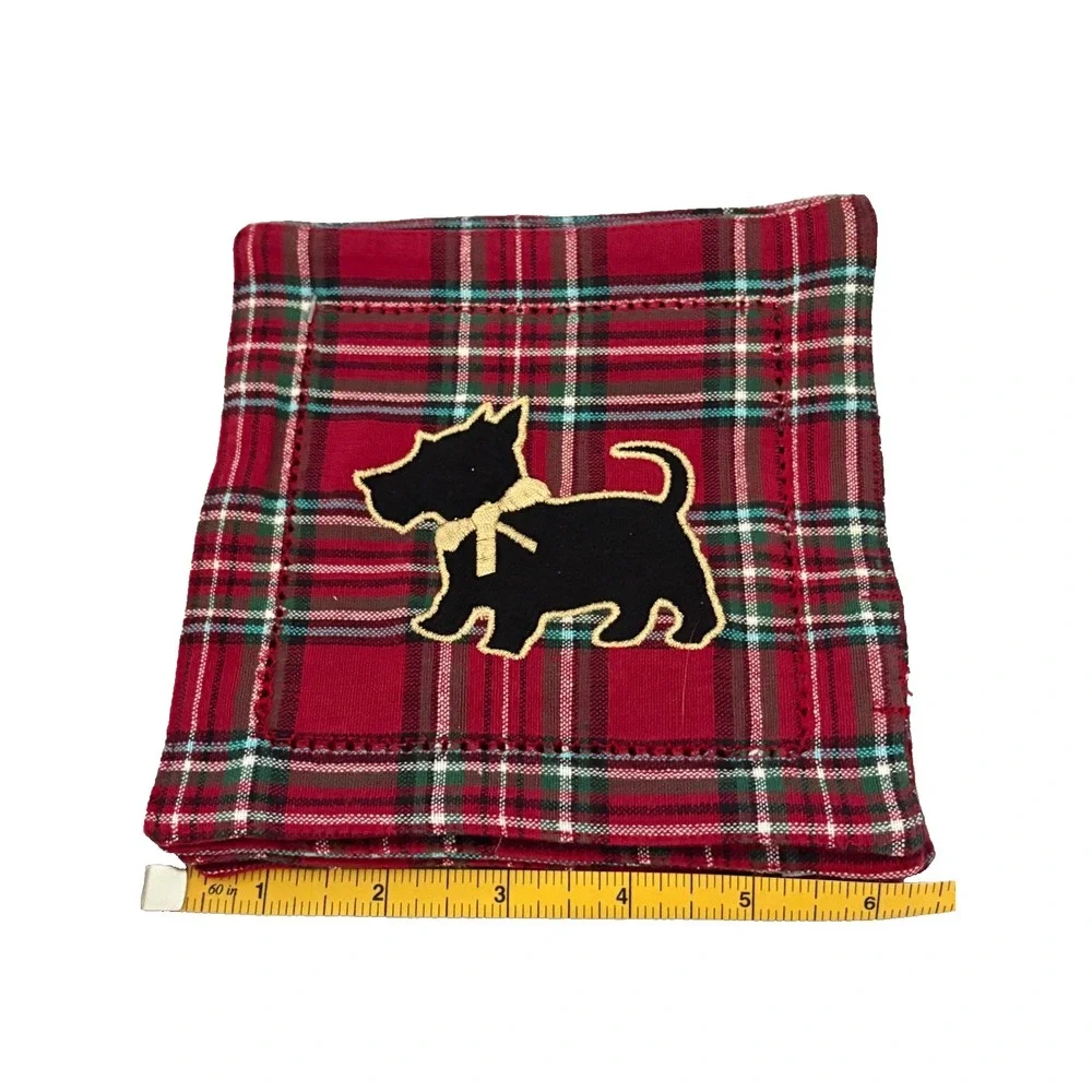 Talbots ~ Red Tartan Plaid Scottie Dog Christmas 4 Cotton Cocktail Napkins ~ New
